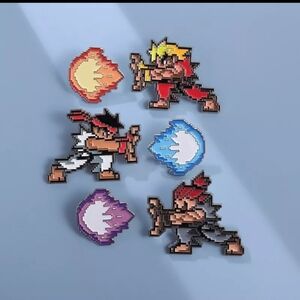 6PCS Street Fighters Enamel Pins Ryu, Ken, Akuma Doing Hadoken Fire Balls